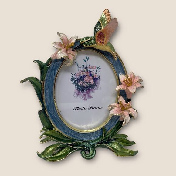 Humming Bird & Floral Frame Oval Royal Gem Collection  Green & Pink 4" x 5" - Picture 1 of 7